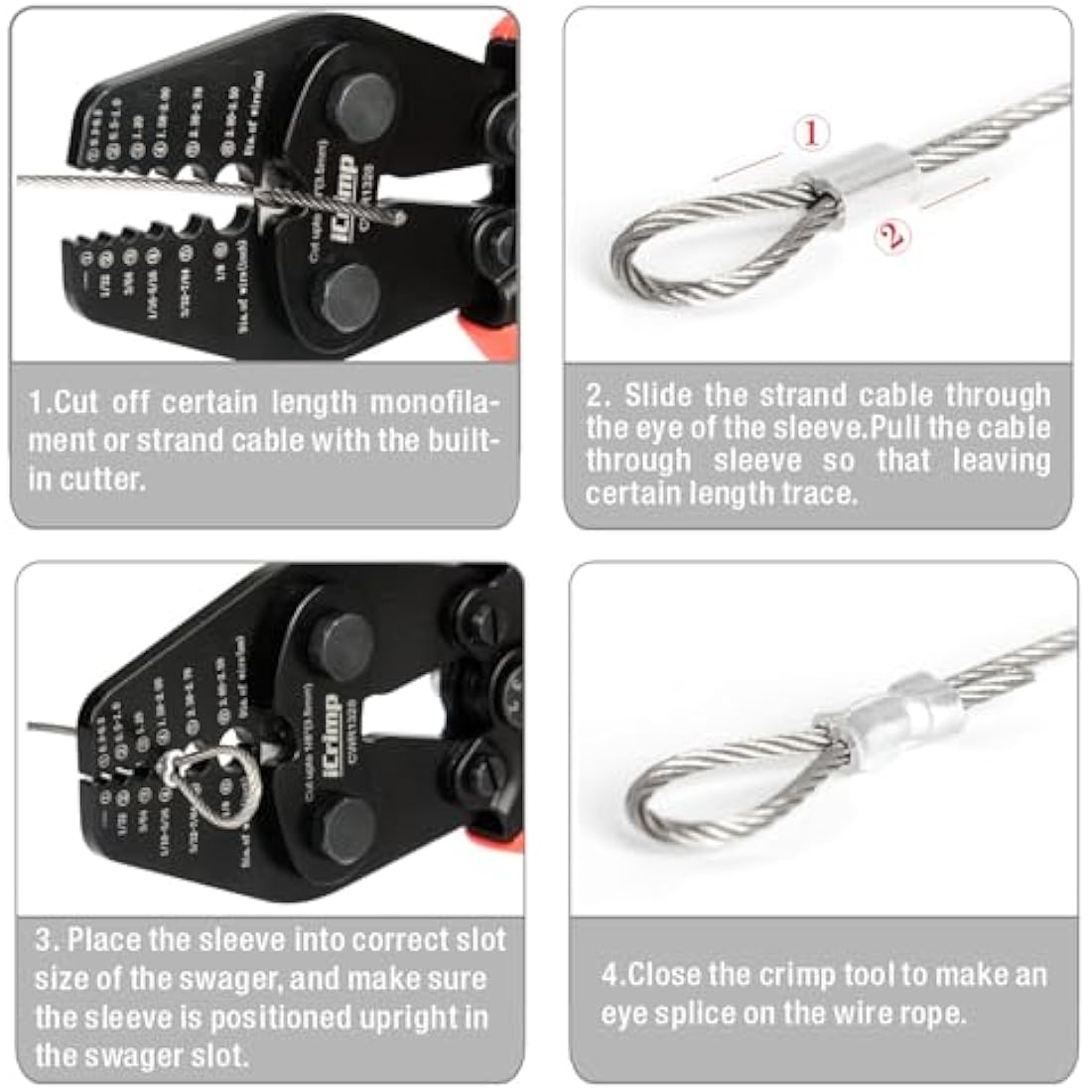 iCrimp CWR1328 Wire Rope Crimping Tool, Hand Swaging Tool for 0.3mm–3.5mm Diameter Wire Rope, Integrated Cutter for Aluminum Oval Sleeves and Stop Sleeves, Ideal for Cable Railing and Fishing