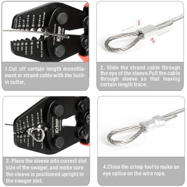 iCrimp CWR1328 Wire Rope Crimping Tool, Hand Swaging Tool for 0.3mm–3.5mm Diameter Wire Rope, Integrated Cutter for Aluminum Oval Sleeves and Stop Sleeves, Ideal for Cable Railing and Fishing
