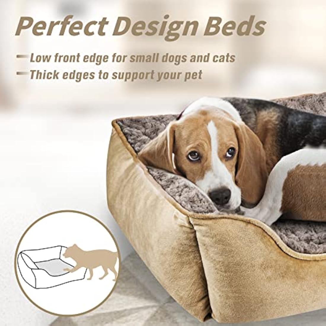 JOEJOY Dog Bed Large Washable - Calming Anti-Anxiety Rectangle Cat Bed with Soft Cosy Plush - Pet Bed Size Small | Medium | Large Mattress Mat For Dog, Beige