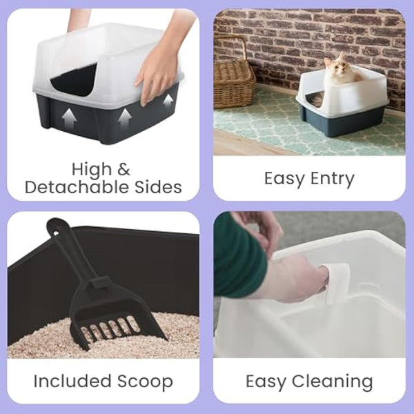 Iris Ohyama Cat Litter Tray with Scoop, Set of 2, Grey, Easy to Clean, Cat Litter Box, Detachable Spill Preventing Walls, For Kittens, Adult Cats, Rabbits, BPA Free, Open Top, Modern, CLH-12