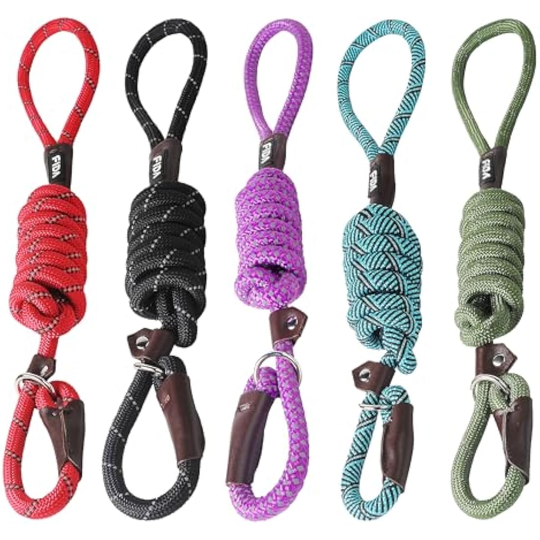 Fida Slip Lead for Dogs | 1.8m, One-Size-Fits-All, Slip-On Rope Lead. Easy to Slip On, No Collar or Harness Needed. Durable & Weather Resistant Climbers Rope with Reflective Stitching (Pack of 5)