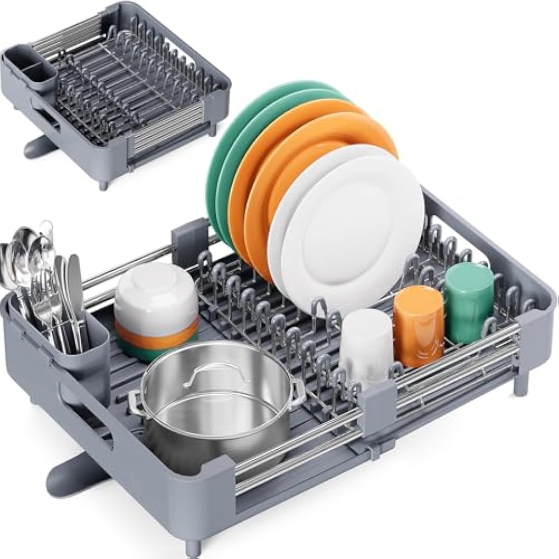 KINGRACK Extendable Dish Drainer Rack, Stainless Steel, Foldable Dish Rack with Removable Cutlery Holder and Anti-Scratch Holder, Adjustable Draining Board Rack with Drainage Spout, Gray