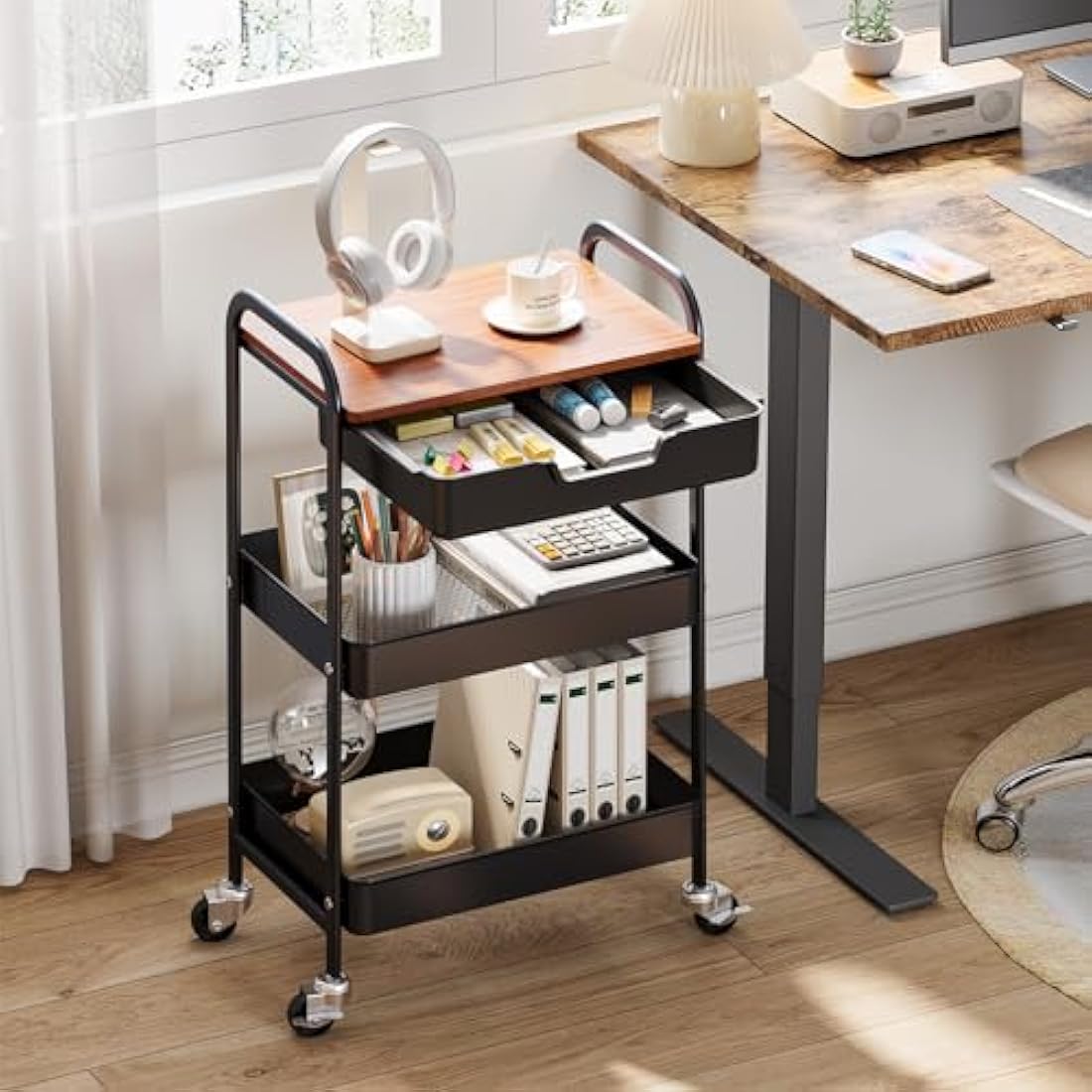 KINGRACK 3-Tier Storage Cart with Tabletop, Multifunctional Metal Cart for Kitchen, Home, Office, Bathroom, Black