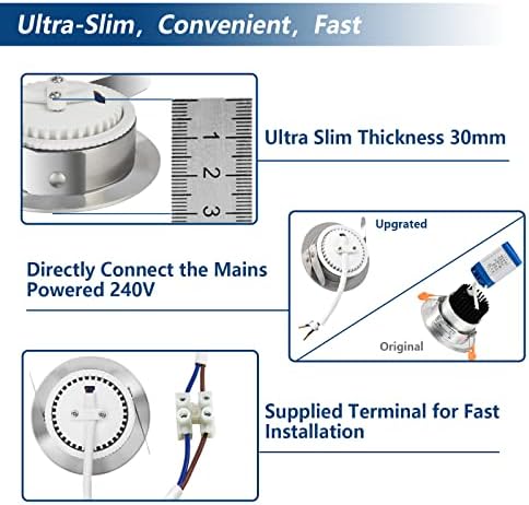 Allesgute 6X 5W LED Downlights for Ceiling Round IP44 Bathroom Down Light Ultra Slim Brushed Chrome LED Spotlights Warm White 240V, Cutout Ø60-68mm