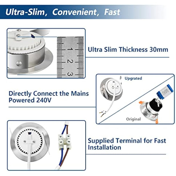 HiBay 6X 7W LED Downlights Recessed Spotlights Ceiling Lights IP44 Bathroom Spot Light Brushed Chrome Downlight Ultra Slim Downlighters Cool White 6000K 240V