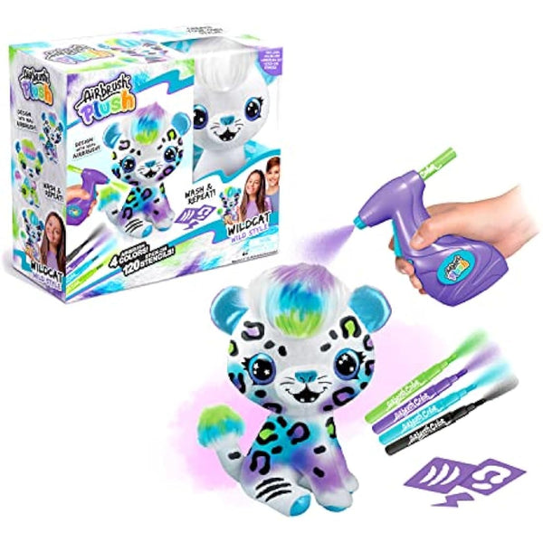 Airbrush Plush AIR 003 Wild Cat, Decorate-Wash-Repeat, 4 Colour Chalk Pens, Battery Powered Airbrush, 100+ Stencils. for Ages 6+, White , Small