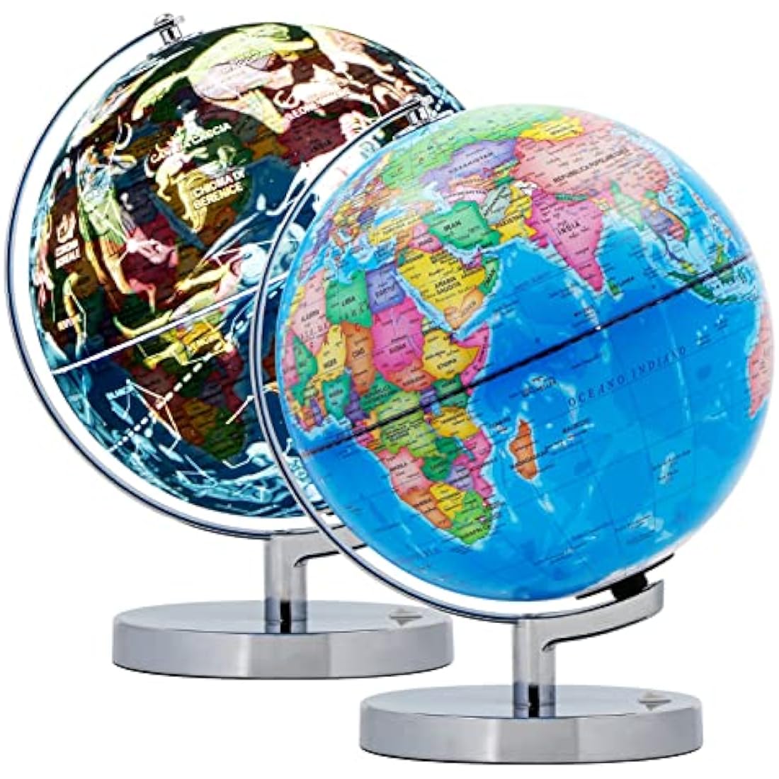 EXERZ 23 cm illuminate globe metal base - Italian Map - student globe with wire-free LED lighting, political map (time of day), constellation stars (night)
