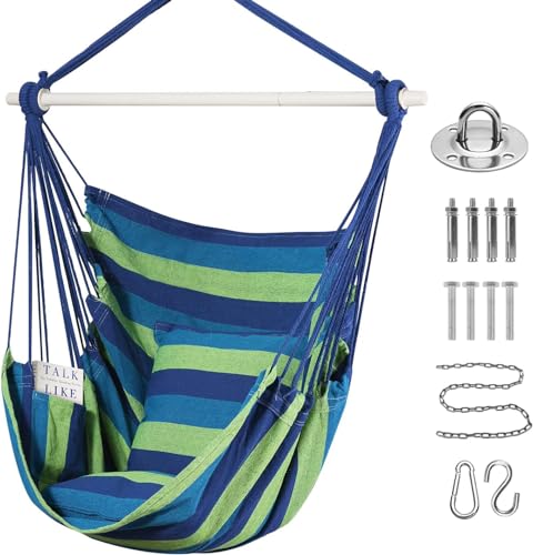 Goutime Hammock Chair Swing with 2 Seat Cushions Pillows, Hanging Chair with Detachable Metal Support Bar,Swing Chair with Carry Bag,Hanging Chair for