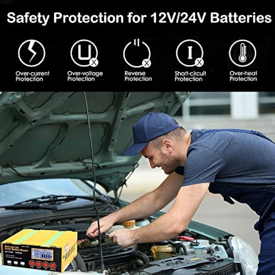 DSGKUU 12Amp Car Battery Charger, LiFePO4 Battery Charger Maintainer Lithium Trickle Charger with LCD Screen, Pulse Repair Suitable for Lead-Acid(AGM/Gel/SLA) Automotive