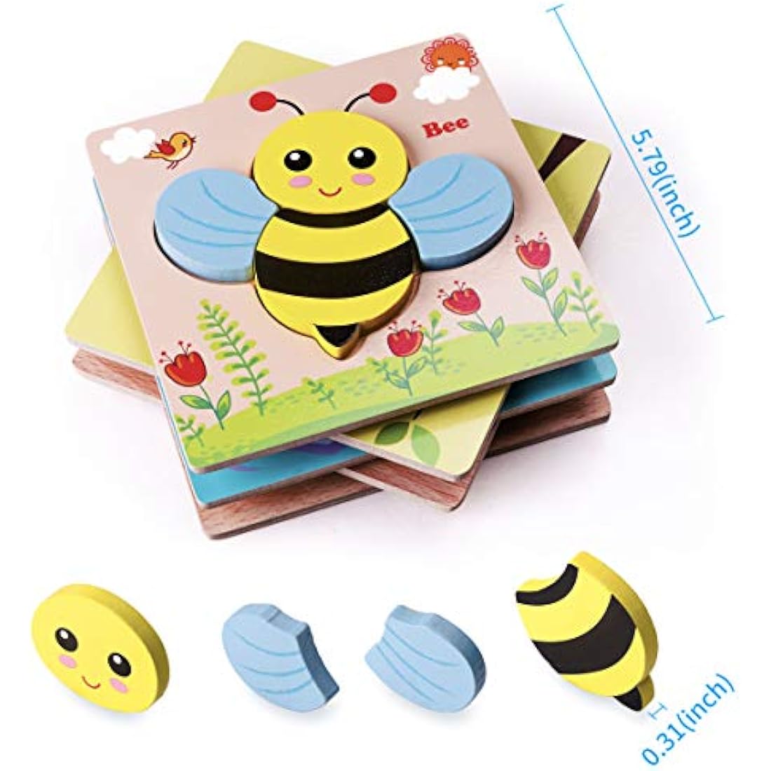 Highttoy Wooden Puzzles for 1 2 3 Year Olds,5 Pcs Jigsaw Puzzles for Toddlers Animal Shape Chunky Blocks Early Eduactional Montessori Wooden Toys for Boys Girls Age 1-3