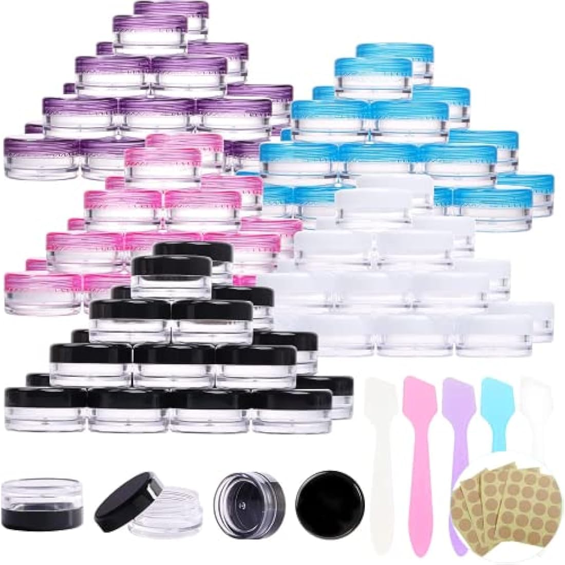 100PCS Clear Sample Empty Containers with Lid 3g, BPA Free Travel Round Jars, Leak Proof Cosmetic Pot Jars, Refillable Sample Containers for Makeup, Powder, Jewelry, with 5 Mini Spatulas