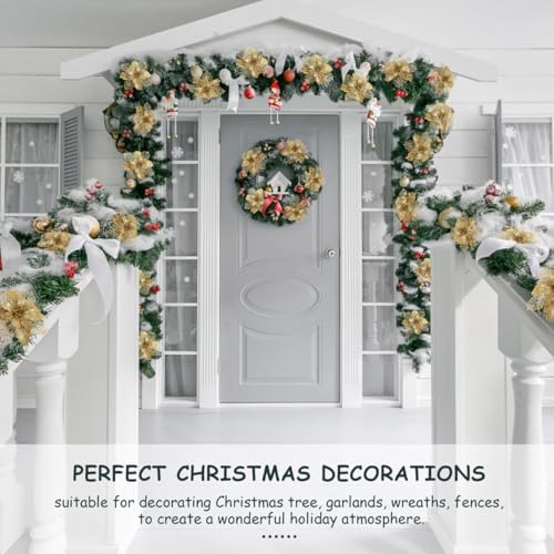 12pcs Glitter Poinsettia Christmas Artificial Flowers Christmas Tree Floral Ornaments Decorations Xmas Tree Pendant Christmas Wreath Filler (Golden)