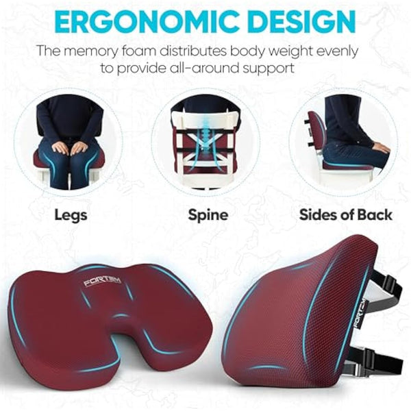 FORTEM Office Chair Cushion and Back Support for Office Chair, Lumbar Support Pillow, Memory Foam, Non Slip Sitting and Back Rest for Gaming, Car Seat Cushion, Chair Pad