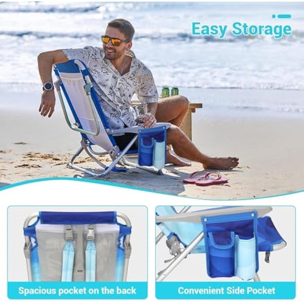 #WEJOY 4-Position Adjustable Beach Chair for Adults, Folding Low Camping Chairs Aluminum Lightweight & Portable, High Back Pillow Pocket Outdoor Reclining Garden Chair