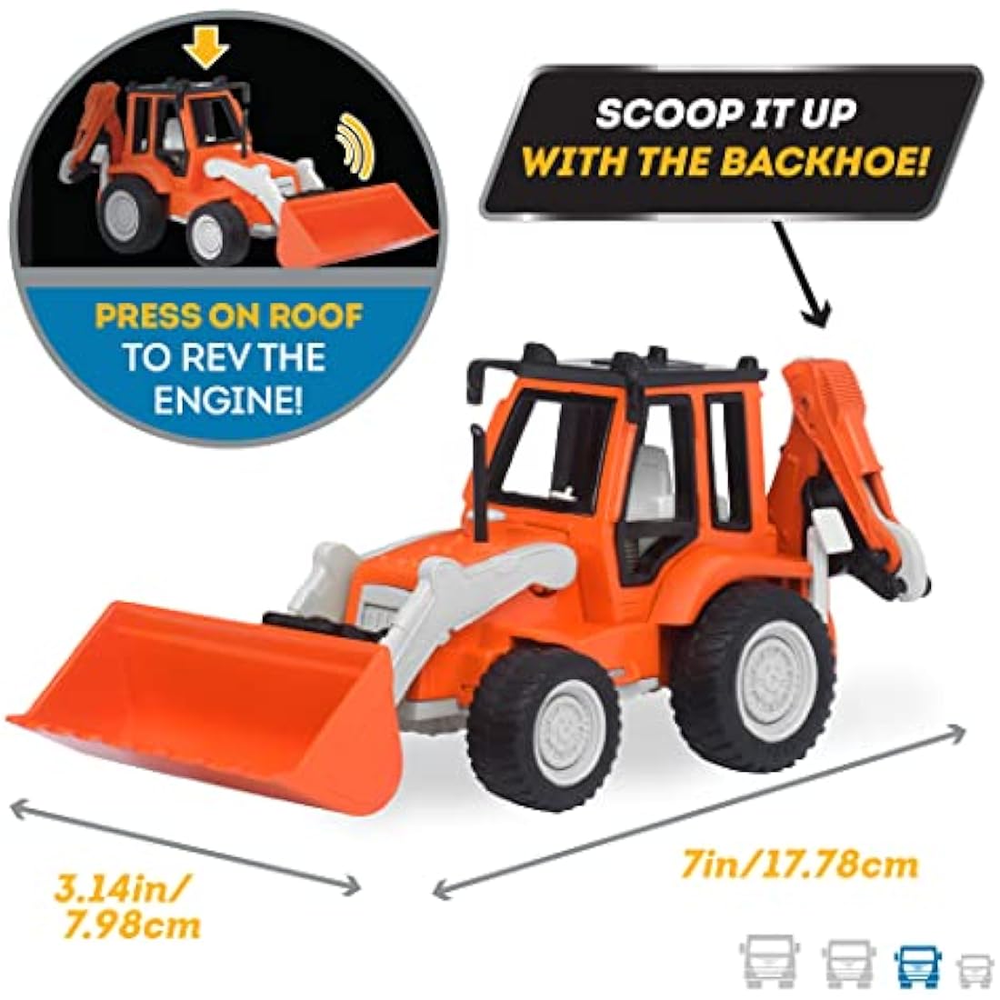 Driven by Battat – 7-Inch Backhoe Loader Toy with Lights & Sounds, Movable Parts, Construction Vehicle for Boys & Girls, Durable Design, Realistic Details, 3+ Years Toy for Kids