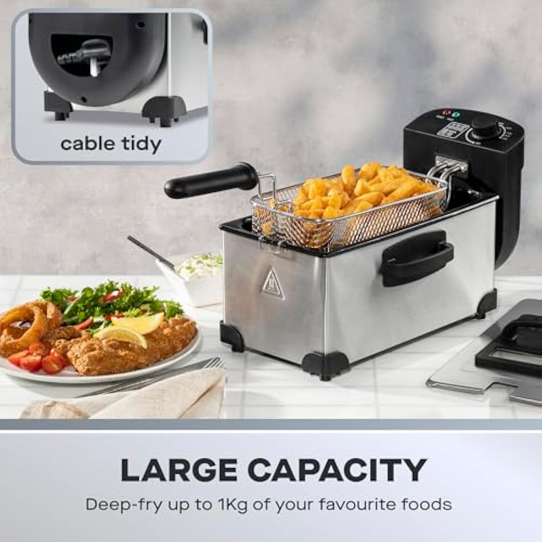 Daewoo SDA1550 2000W Deep Fat Fryer with Window Lid and 3L Oil Capacity, Adjustable Temperature Control and High Power Function, Steel Outer Body and Enamel Coating, Silver