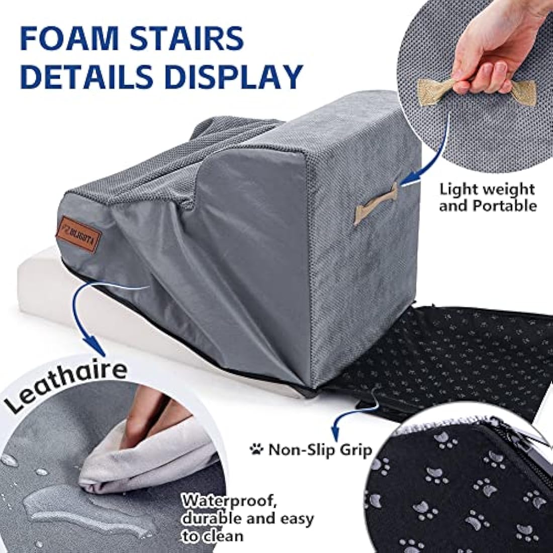 3 Tiers Foam Dog Stairs for High Bed, Easy to Carry with Handle Design, High Density Foam Dog Ramp for Small Dogs, Pet Steps for Older Dogs/Cats with Joint Pain, Ramp Stairs for Couch