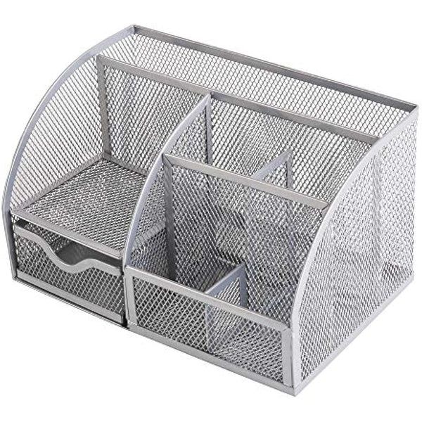 EXERZ Desk Organiser/Mesh Desk Tidy Caddy/Pen Holder/Multifunctional Organiser with 7 Compartments - Silver Grey Colour