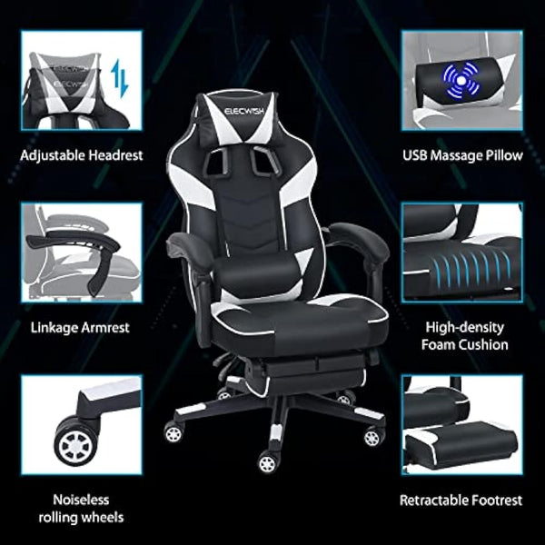 Fullwatt Computer Gaming Chair with Footrest and Adjustable Arms Reclining Swivel Chair, Desk Chair High Back with PU Leather for Home Office, white