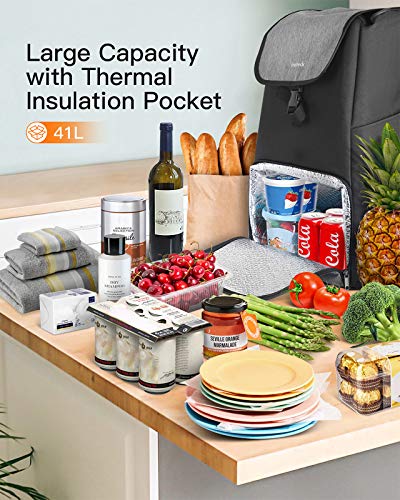 Inateck Shopping Trolley Lightweight Folding Shopping Cart Aluminum Alloy Frame on Big Noiseless Wheels, Detachable Waterproof Bag with Thermal Insulation Compartment, Max Capacity 45kg/41L Black