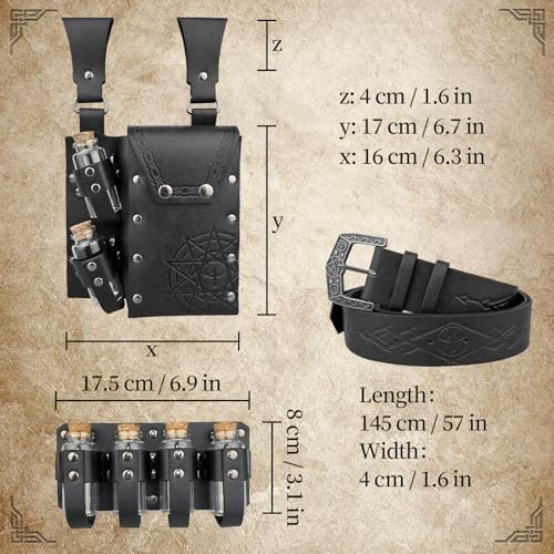 EpicCos 3 PCs Medieval Alchemy Belt Waist Pack Combo with Multiple Potion Bottles, Viking Rivet Belt Side Pouch for Cosplay (Black D)