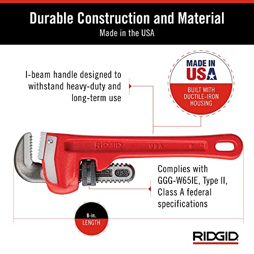 RIDGID 31005 8-Inch Heavy-Duty Straight Pipe Wrench, 8-Inch Plumbing Wrench