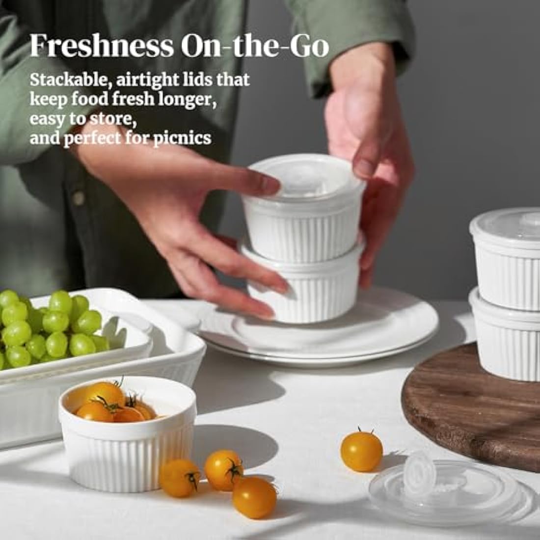 DOWAN Ramekins with Lids, 8 OZ Porcelain Ramekin Dishes for Creme Brulee Soufflé, Egg Mould, Muffin Cases, Mini Dip Bowl, Baking Bowl for Oven & Air Fryer, Classic White, Pack of 6