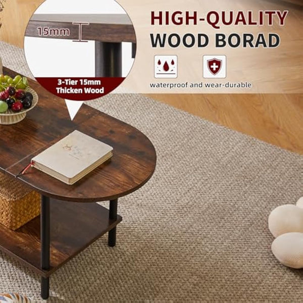 Aibiju Small Coffee Table, Living Room Table, Wooden Coffee Table with 2 Tier Storage Shelves for Living Room/Office, 35x16x17inch Rustic Brown+Black Legs, YD-011H