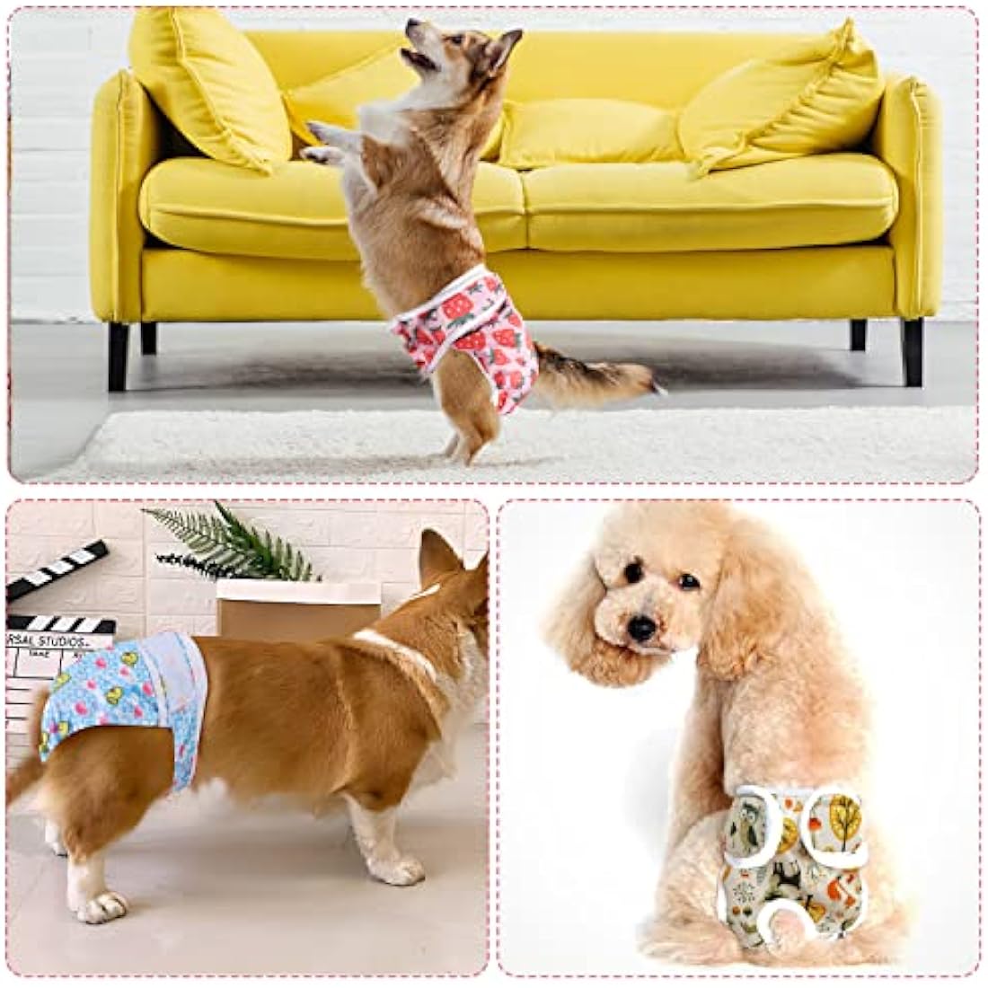 Medo 3 Packs Reusable Dog Nappies, Super Absorbent Washable Dog Diapers Puppy Sanitary Wraps Panties for Female Pet Incontinence and Long Travels 40-50 cm/15.7-19.7 (M), pink+blue+yellow