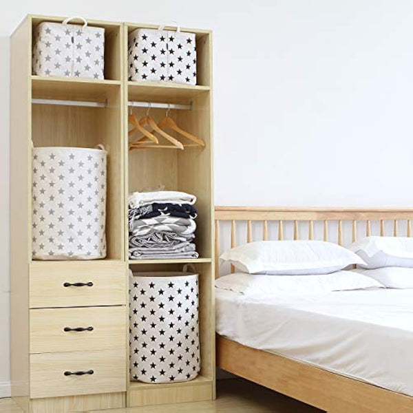 Sea Team 19.7 Inch Large Sized Waterproof Coating Ramie Cotton Fabric Folding Laundry Hamper Bucket Cylindric Burlap Canvas Storage Basket with Stylish Grey Stars Design