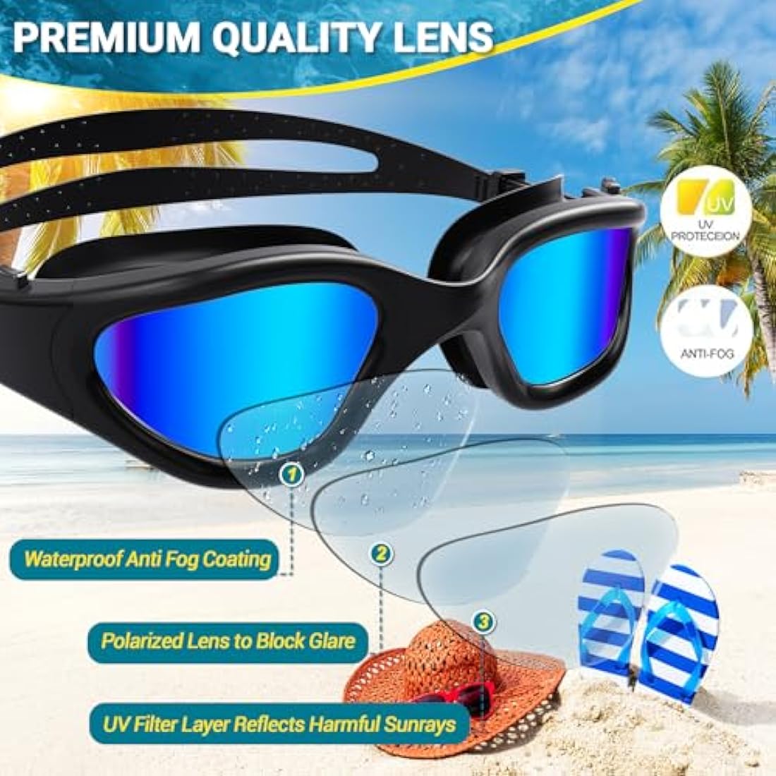 Winline Swimming Goggles Clear Vision Anti Fog Anti UV Anti Leak Waterproof Swim Goggles with Polarized or Non-Polarized Lens for Adult Men Women Teenager