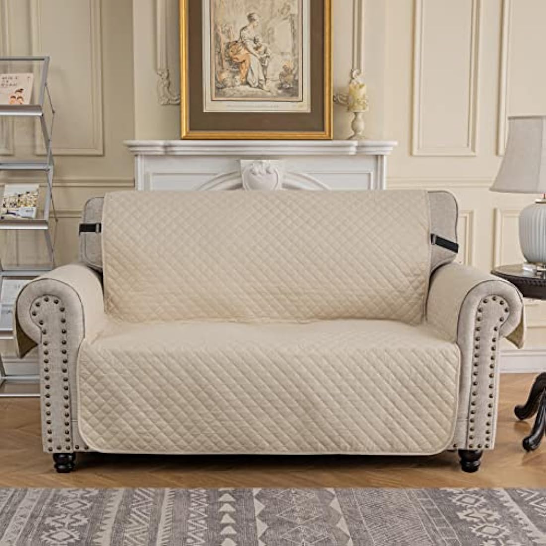 XINEAG Quilted Sofa Covers 2 Seater, Water Resistant Loveseat Covers Sofa Slipcovers with Pockets, Non Slip Sofa Cover for Dogs Pets, Washable Furniture Protector with Elastic Strap (Loveseat, Beige)