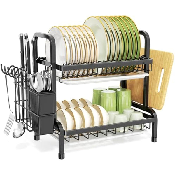 niffgaff 2 Tier Black Dish Drainer Rack, Stainless Steel Drying Rack Kitchen, Drainers Draining Board with Drip Tray, Rust Proof Large Washing Up Sink