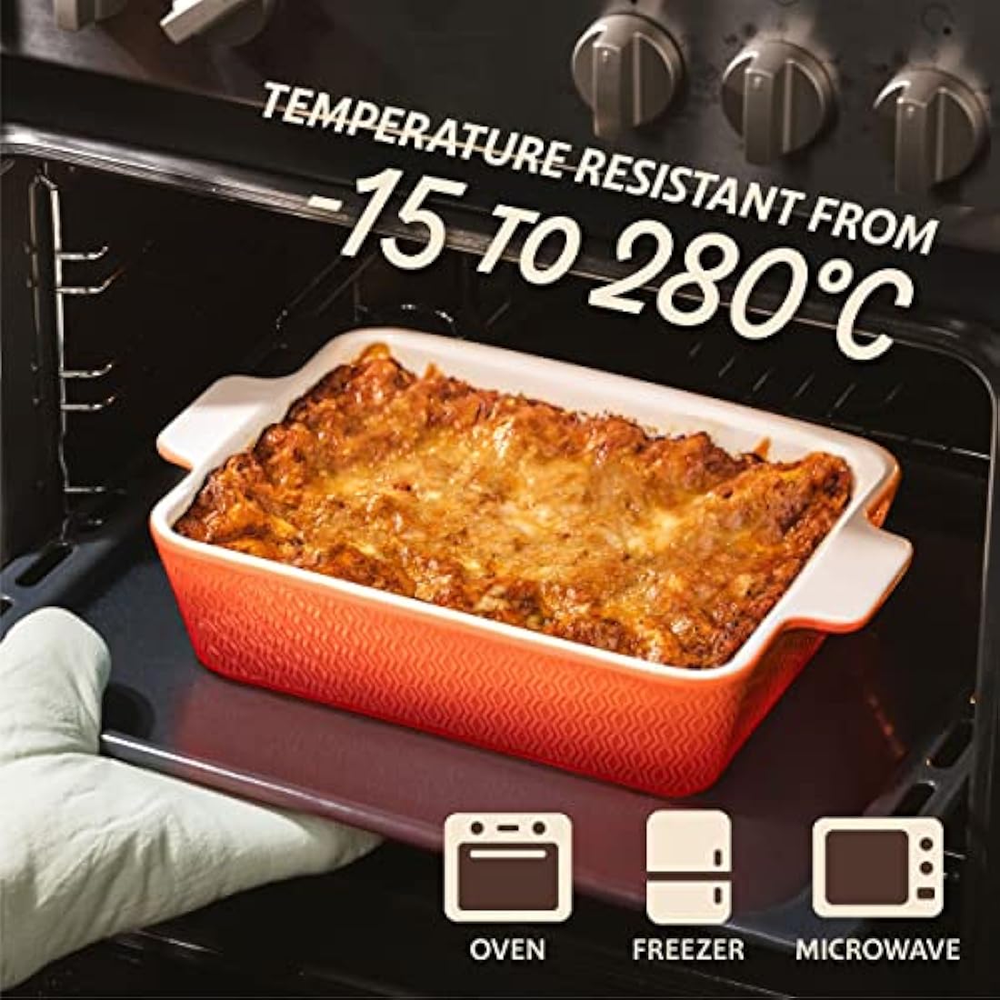 Ceramic Casserole Dish 28cm - Large Baking Dish for Lasagne, Tiramisu - Non-stick Rectangular Bakeware - Extra High Edge - Oven & Dishwasher Safe - Orange