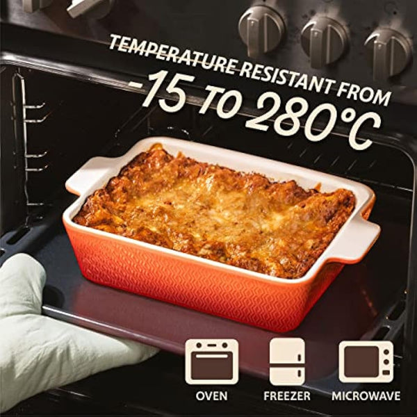 Ceramic Casserole Dish 28cm - Large Baking Dish for Lasagne, Tiramisu - Non-stick Rectangular Bakeware - Extra High Edge - Oven & Dishwasher Safe - Orange