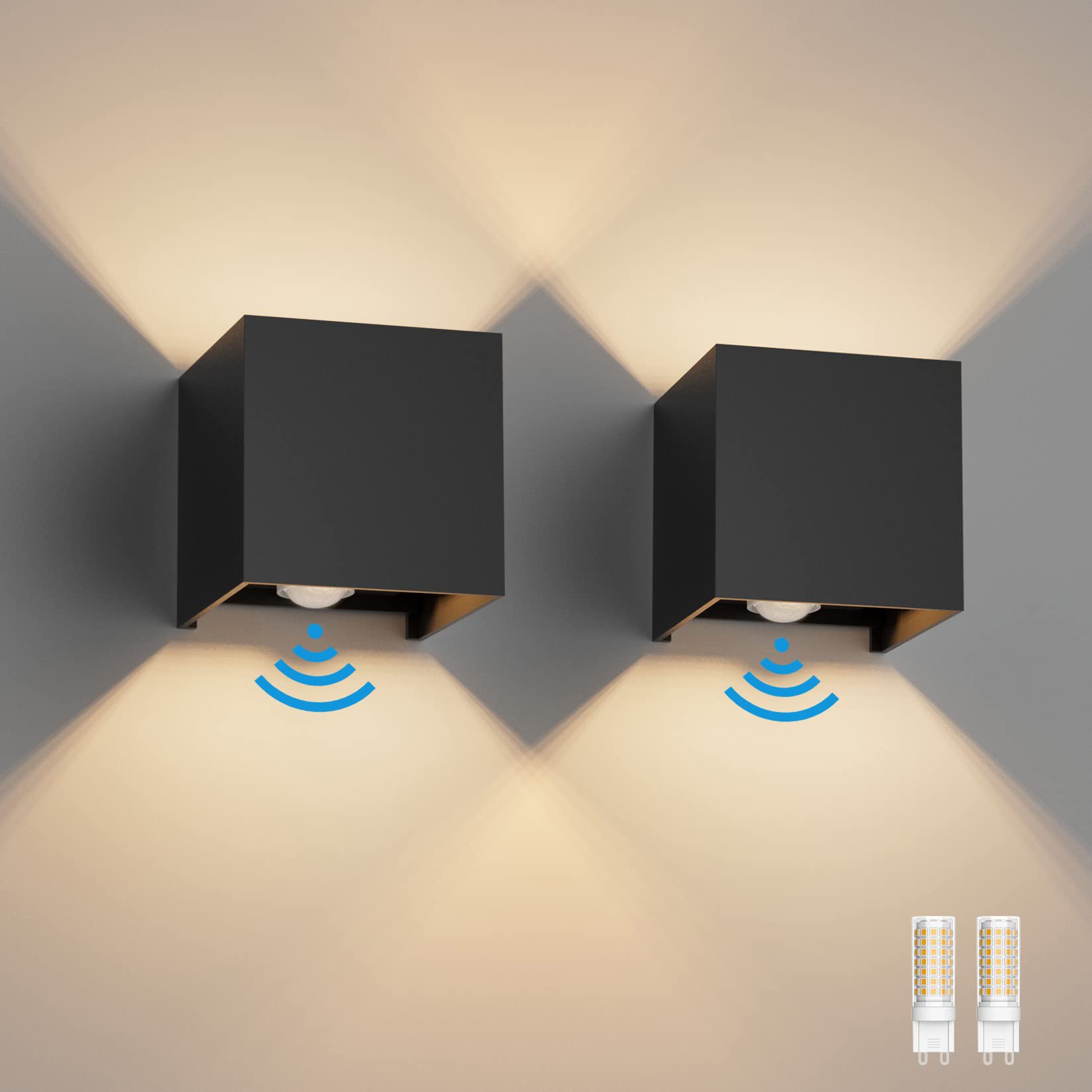 Klighten 2PCS Outdoor Wall Light with Motion Sensor, Waterproof IP54 Outside Wall Lamps with Sensor, Adjustable Beam Angle, Warm White 3000K, Black