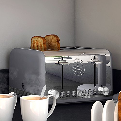 Swan ST19020GRN Retro 4-Slice Toaster with Defost/Reheat/Cancel Functions, Cord Storage, 1600W, Retro Grey