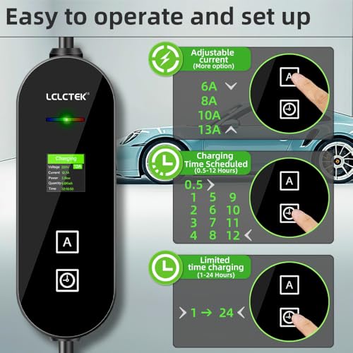 LCLCTEK® EV Charger Cable Type 2 to 3 Pin Plug, Portable UK 3 Pin EV Charger, Electric Car Charger [6/8/10/13A], EV Car Charger with LED Display, IP66 Waterproof, Type 2 Cable EVs and PHEV (8M)
