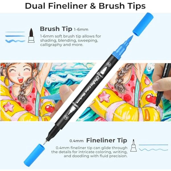 Ohuhu 160 Colouring Pens: Dual Tip Brush Pens Felt Tip Pens Art Markers Set with Fineliner, for Kids Adults Colouring Book Drawing Calligraphy Sketching Journal, Art Gift, Maui - Black