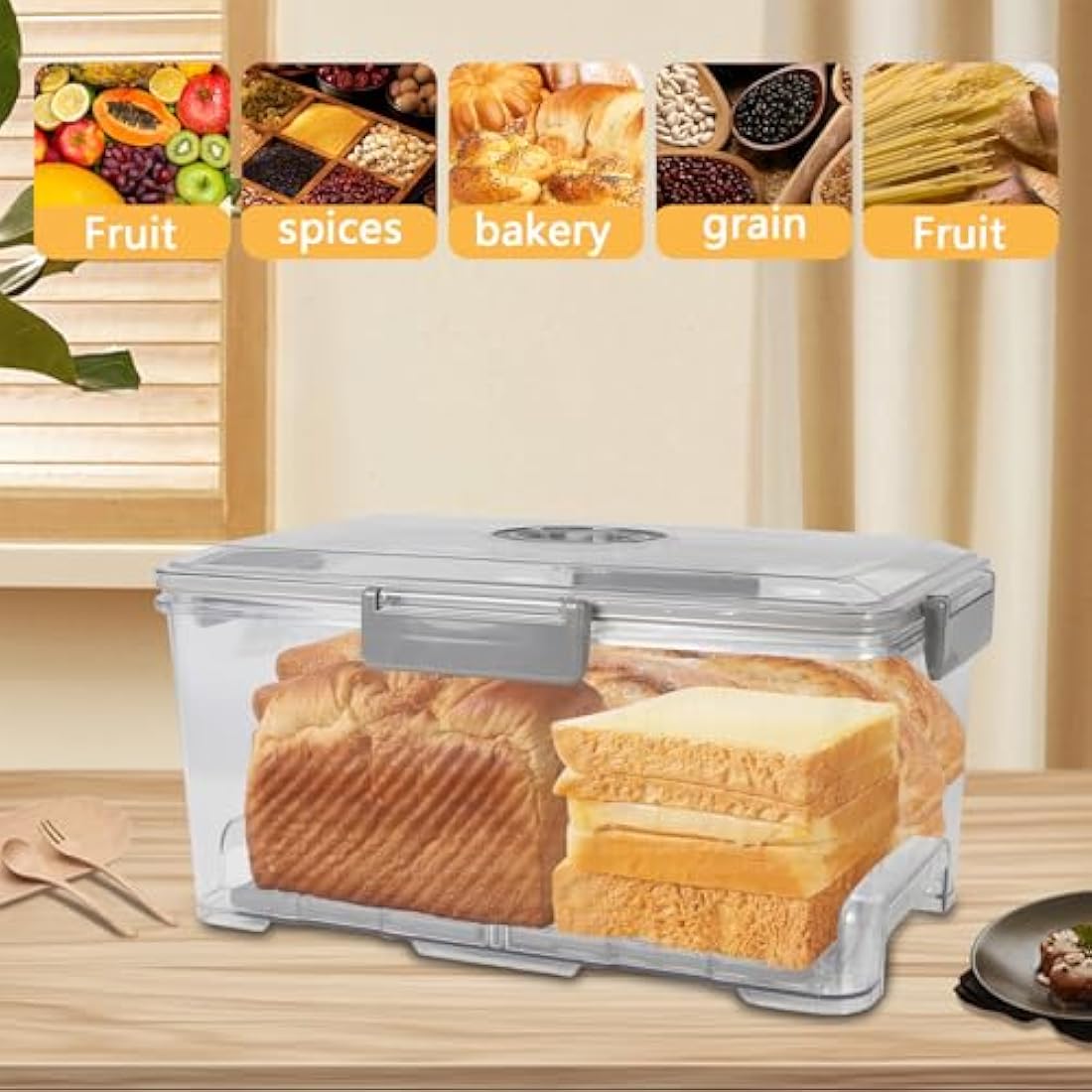 Gzsekken Bread Bin Airtight Bread Storage Container with Pump,Time Recording Bread Box with Lid Plastic Bread Bins for Kitchen Freezer Bread Holder for Homemade Bread, Toast, Bagel, Donut and Cookies