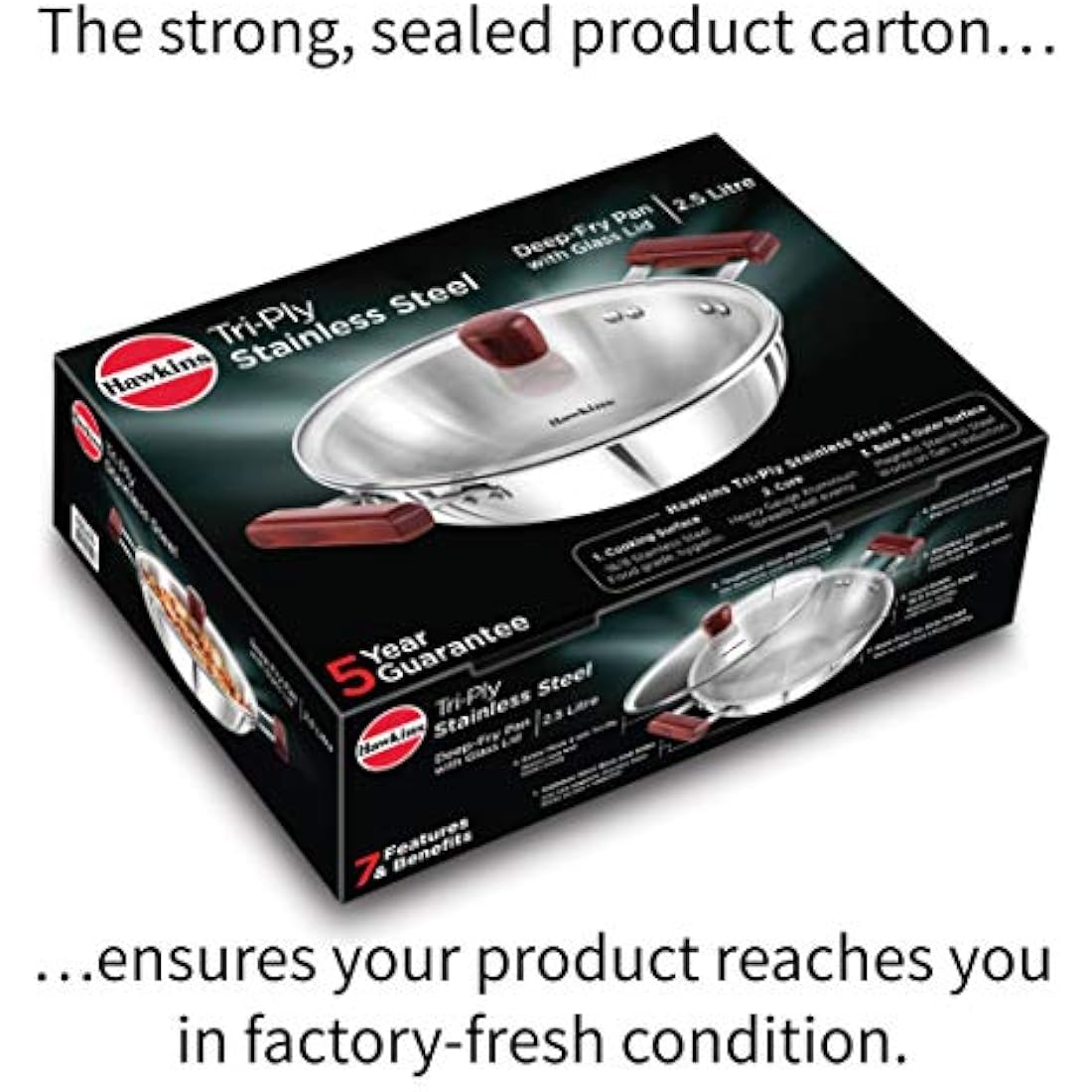 HAWKINS 2.5 Litre Deep Fry Pan, Triply Stainless Steel Kadai with Glass Lid, Flat Bottom Induction Kadhai, Silver (SSD25G)