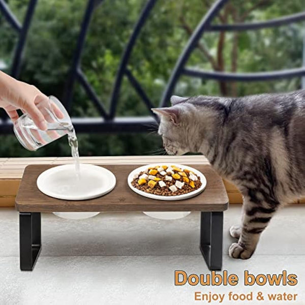 GUUSII HOME Raised Cat Food Bowl Elevated Kitty Dish 2 Ceramic Bowls Dia 14cm Bamboo Stand 15°Tilted Anti Vomiting Indoor Cats Double Dishes Feeding Station Kitten Puppy Easy to Assemble & Clean