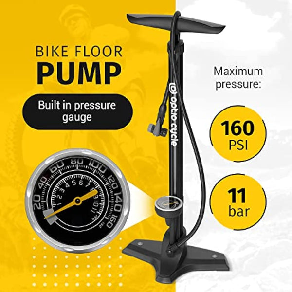 Optio Cycle Bike Pump With Pressure Gauge 160 PSI / 11 Bar Air Pump, Bicycle Pump For All Bikes | Cycle Pump, Bike Floor Pump For Presta and Schrader Valve | Bike Tyre Pump