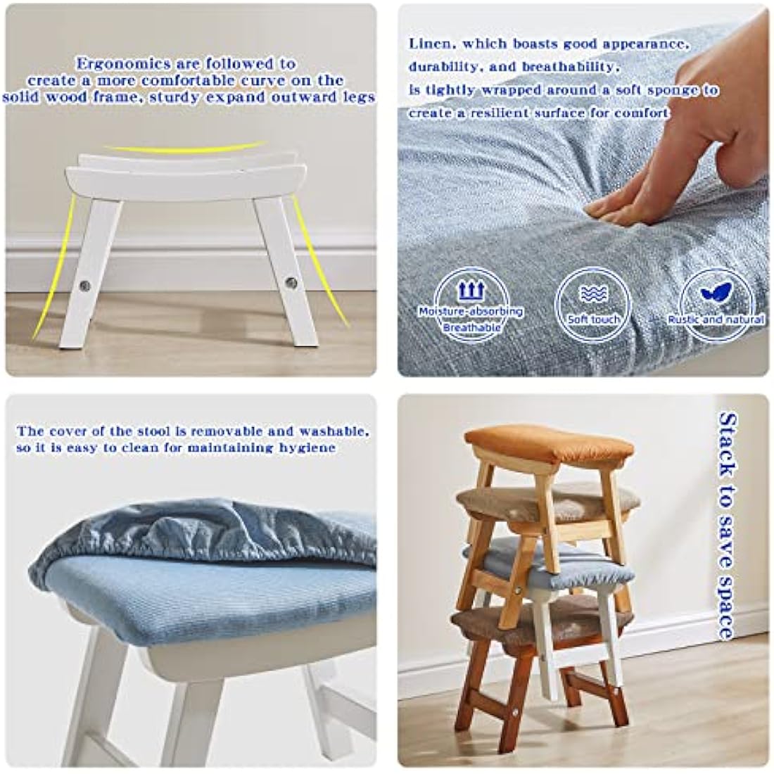 Aibiju Wooden Footstool, Foot Stool Ottoman Pouffe Padded Chair Stool with Removable Cover 4 Beech Legs Suitable for Bedroom, Living Room and Kitchen, (White leg + Blue cushion), YDEU-1357