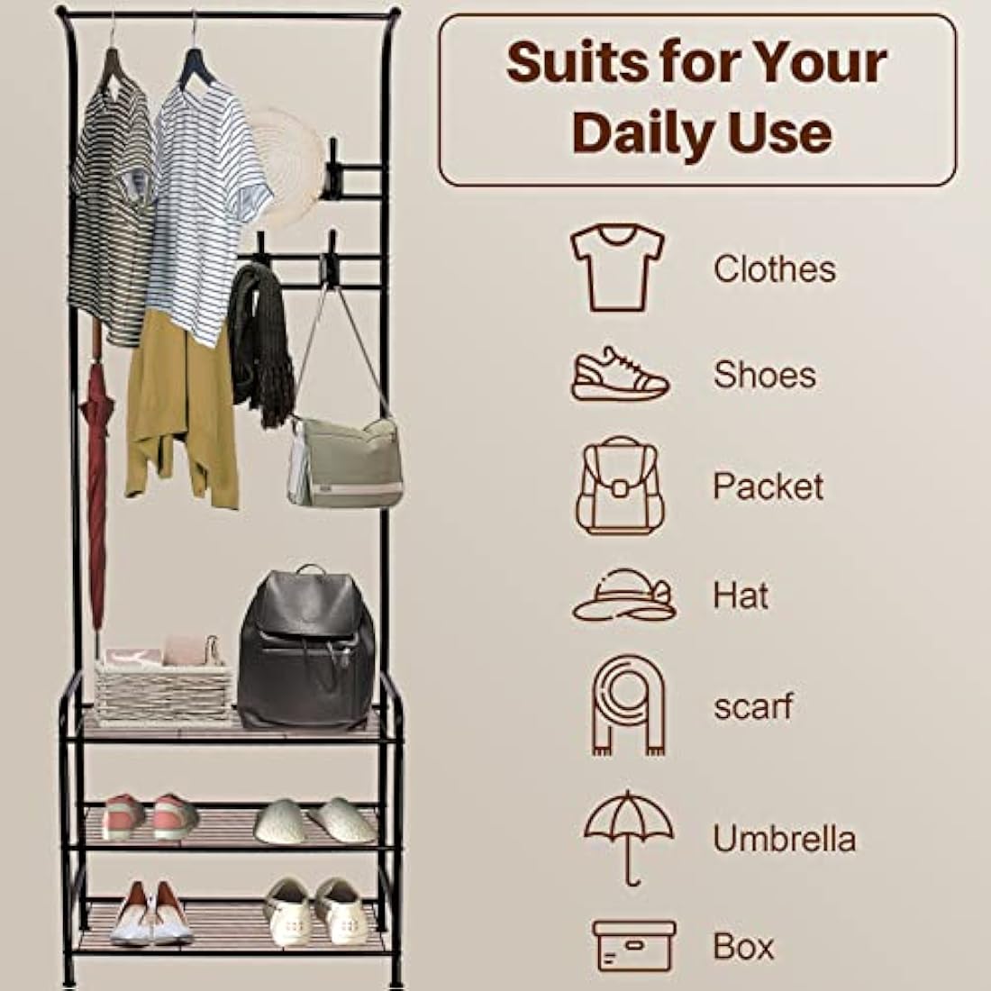 Innotic Coat Rack,Shoe Rack With Coat Hanger 16 Hooks Free Standing Coat Stands For Hallway, Entrance, Matte Steel Coat Rack Stand, Black