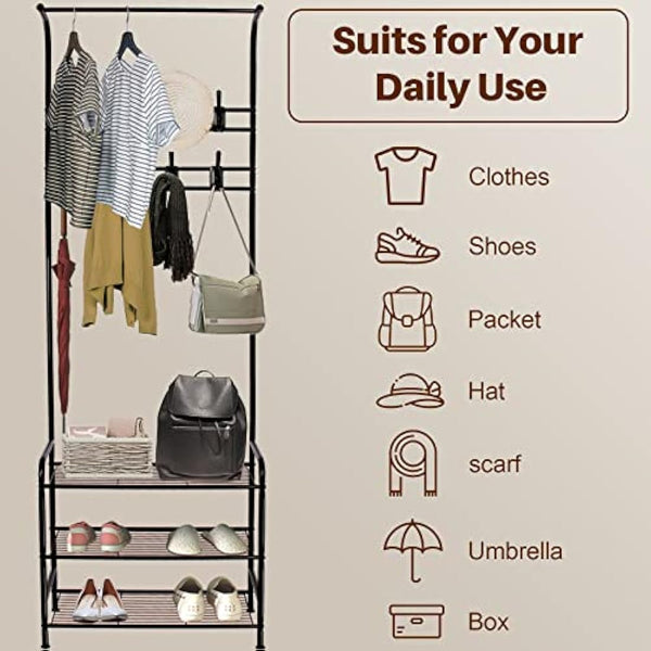 Innotic Coat Rack,Shoe Rack With Coat Hanger 16 Hooks Free Standing Coat Stands For Hallway, Entrance, Matte Steel Coat Rack Stand, Black