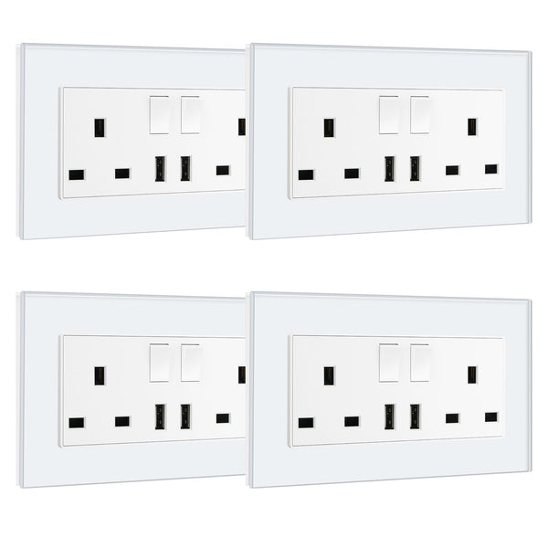 BSEED Double Socket 13A with LED Indicator, Double Switched Wall Socket 2 Gang UK Standard, Electric Switched Plug Power Wall Outlet with Glass Panel, Grey