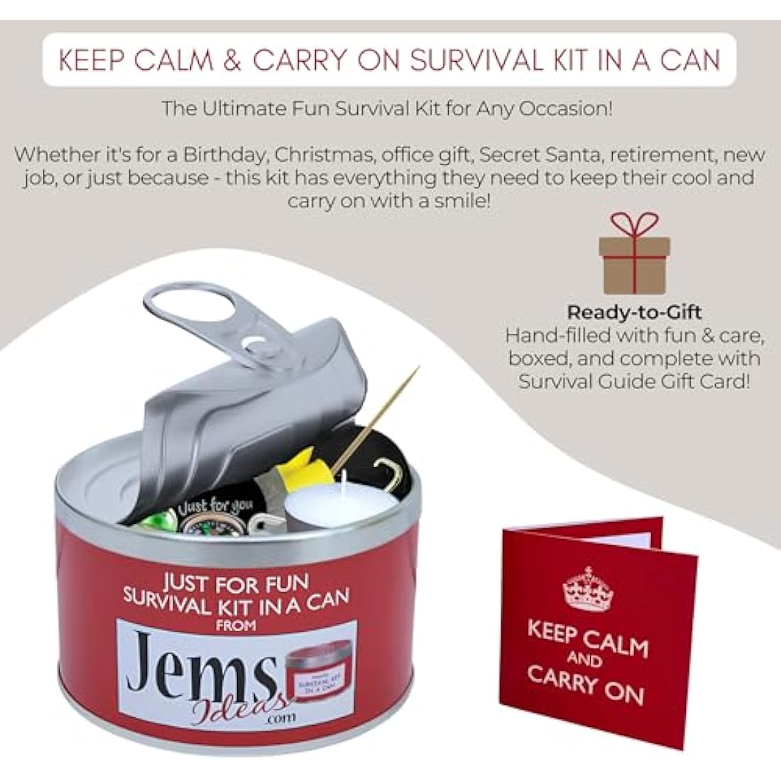 Keep Calm & Carry On Survival Kit In A Can. Humorous Funny Unique Birthday, Retirement, Christmas, New Year Novelty Present & Card Gift Set For A Teacher Mum Mate Son Daughter Parent Grandad