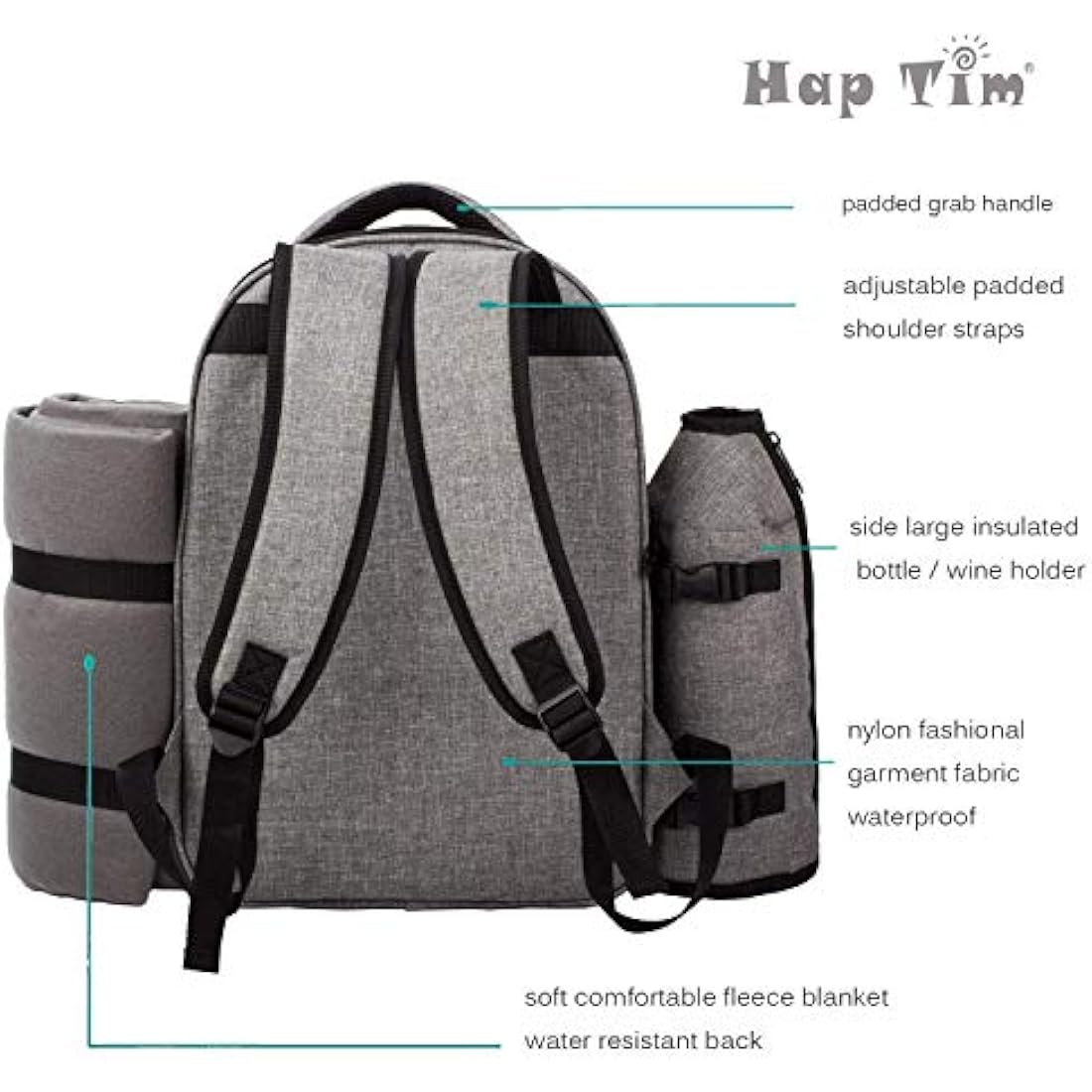 Hap Tim luxury 4 Person Picnic Backpack Picnic Rucksack Bag Hamper with Insulated Cooler Compartment includes Tableware & Fleece Blanket (EU3263-Grey)