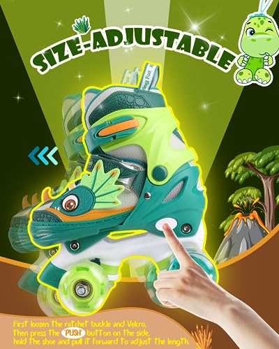 Dino Kids Toddler Roller Skates for Boys Girls Dinosaur Quad Skating Shoes with Shiny Light up Wheels Adjustable Sizes Beginners rollerskates for